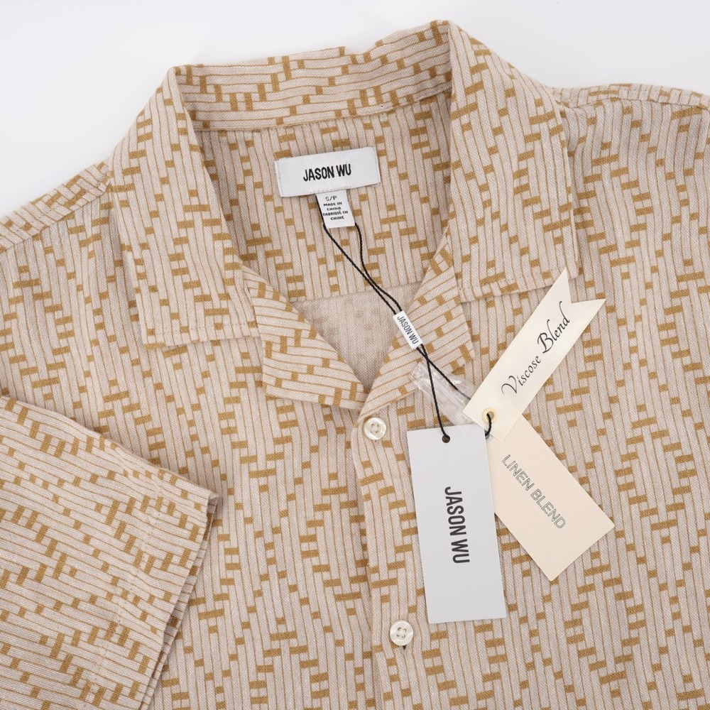 NEW Jason Wu Geometric Linen Blend Shirt Beige Combo Short Sleeve Mens Small